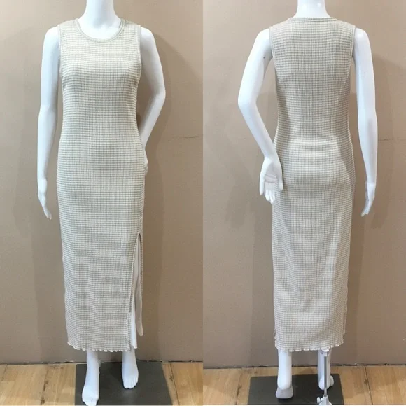 Aritzia Wilfred Verona Dress Beige White Gingham Seersucker Midi Slit Women L - Picture 2 of 7